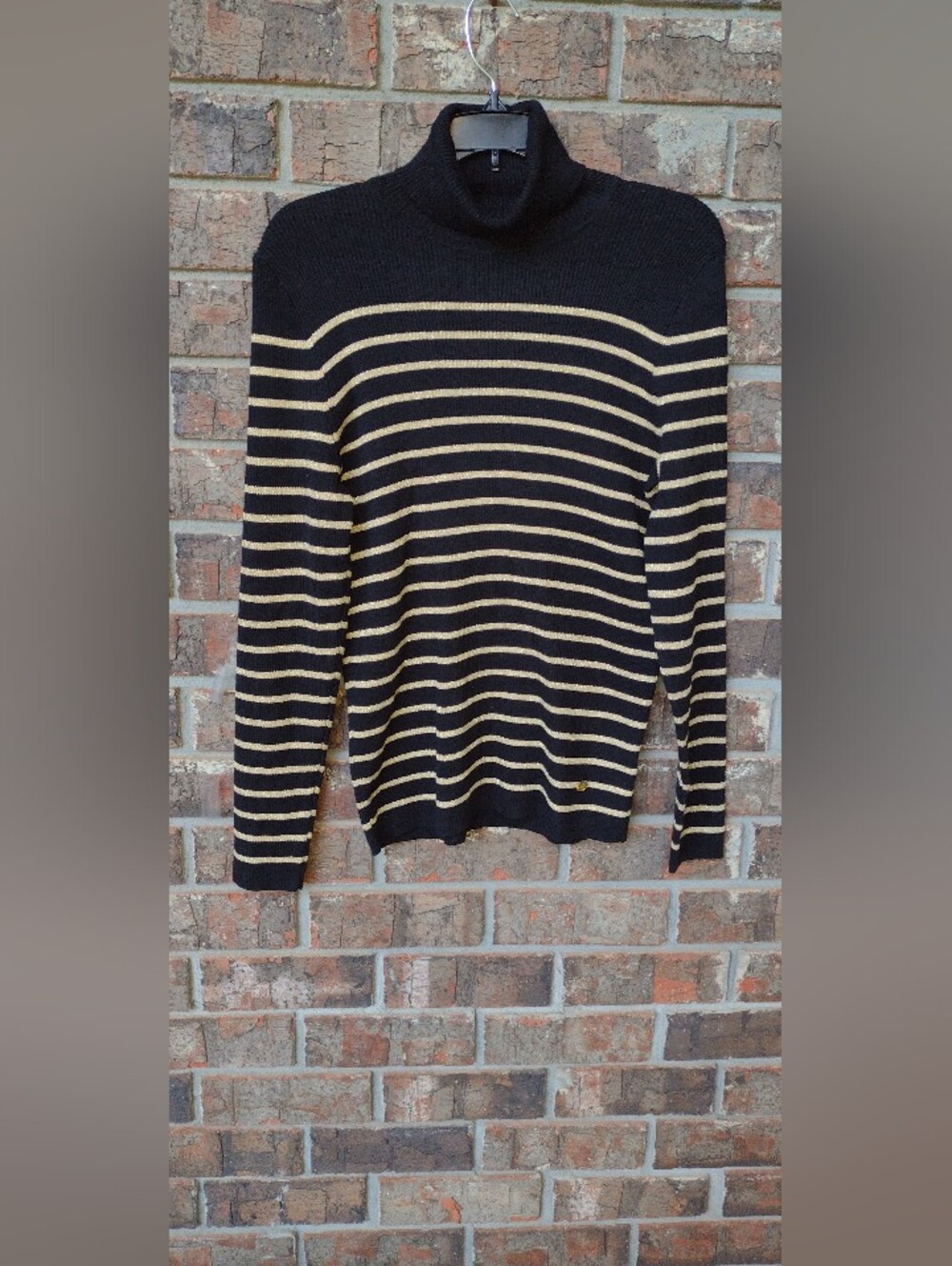 Lauren Ralph Lauren Turtleneck Women's XL Black/Gold Striped Ribbed Knit Sweater